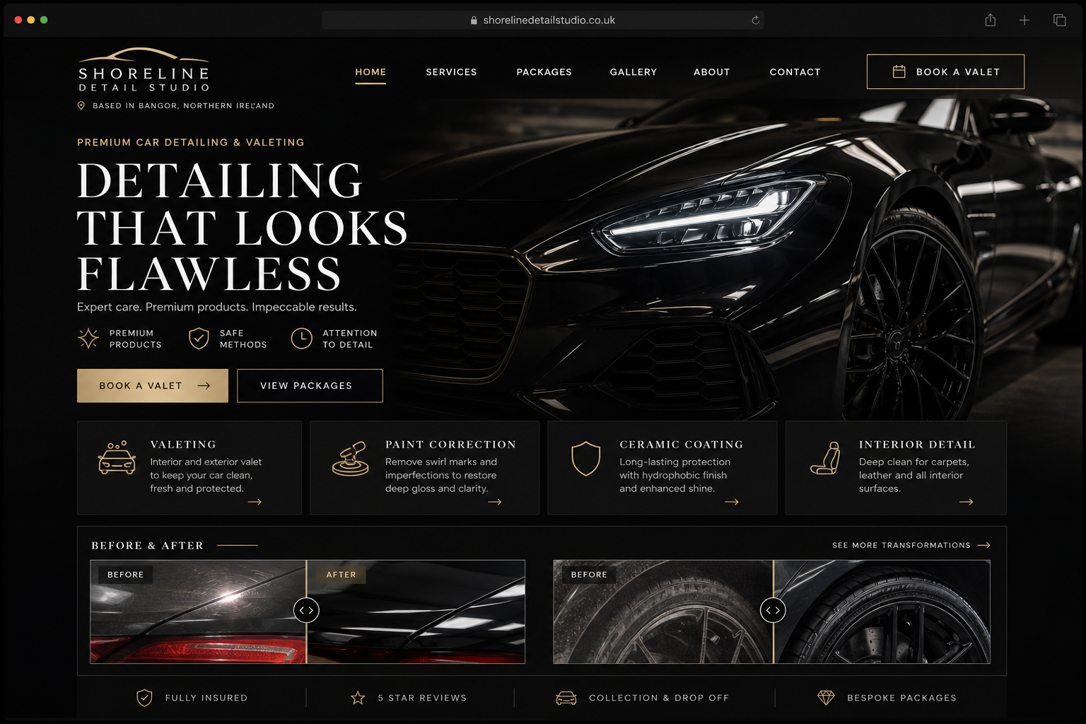 Mock website screenshot for Shoreline Detail Studio, a premium car detailing website based in Bangor, Northern Ireland.