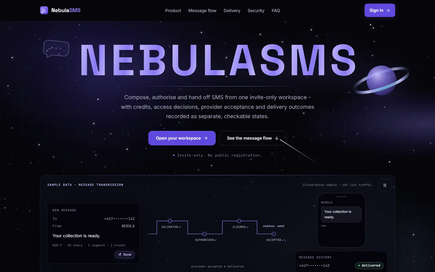 The NebulaSMS home page: a violet NEBULASMS wordmark on a dark starfield, above a sample message-transmission diagram.