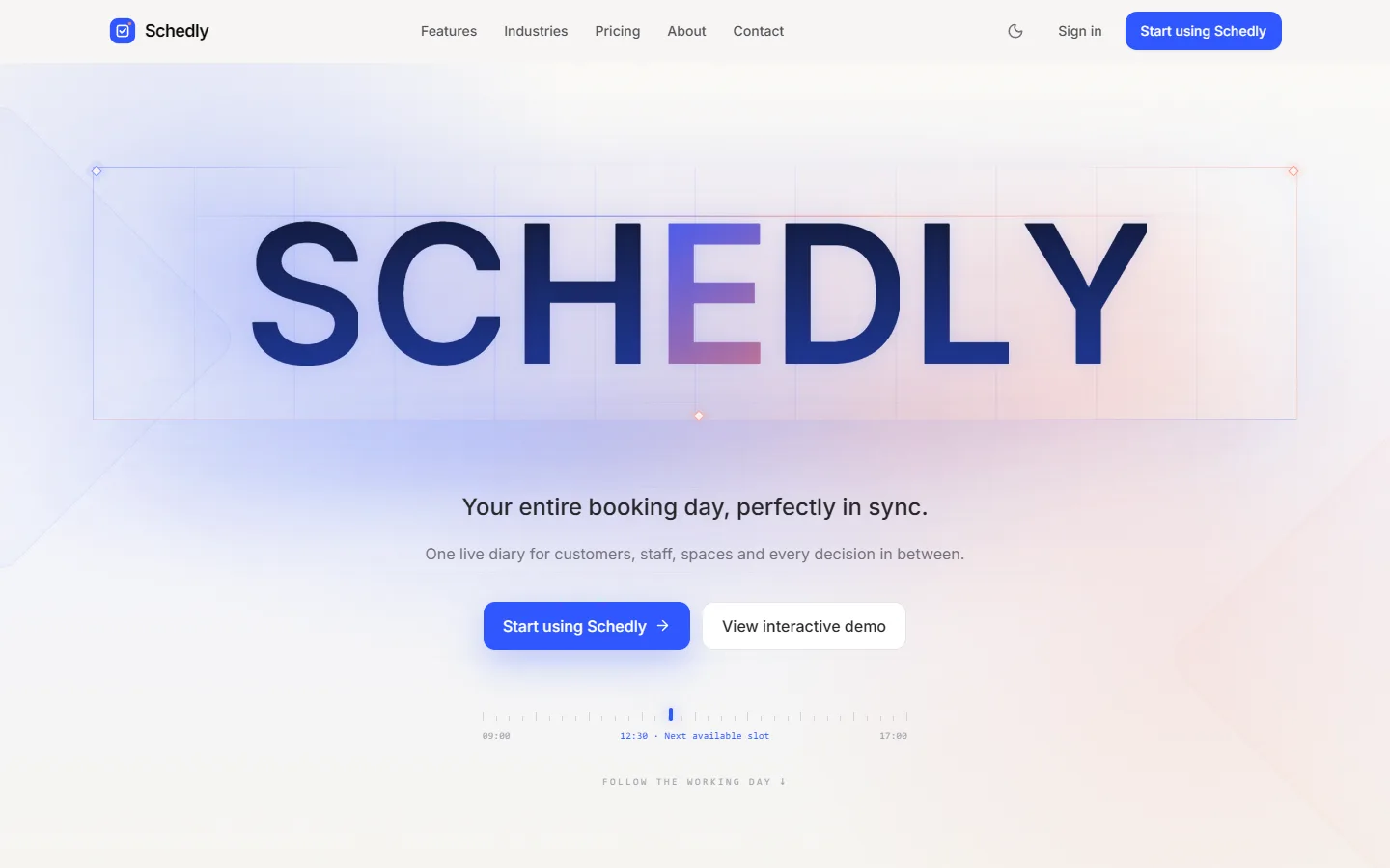 The Schedly home page: a large SCHEDLY wordmark over a pale blue field, with the line “Your entire booking day, perfectly in sync.”