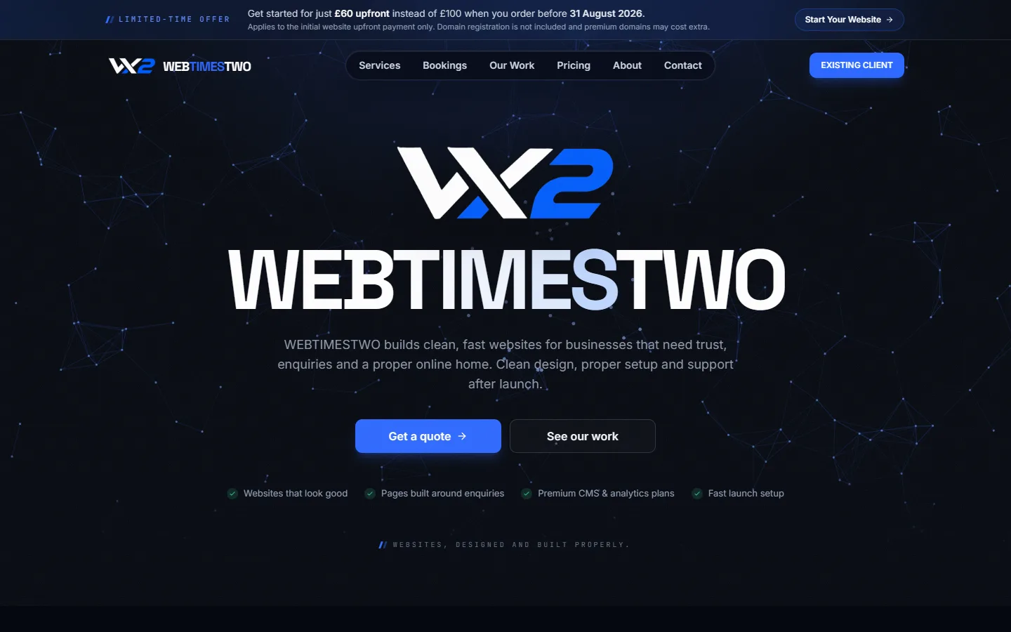 The WEBTIMESTWO home page: the WX2 monogram and WEBTIMESTWO wordmark over a dark blue constellation field.